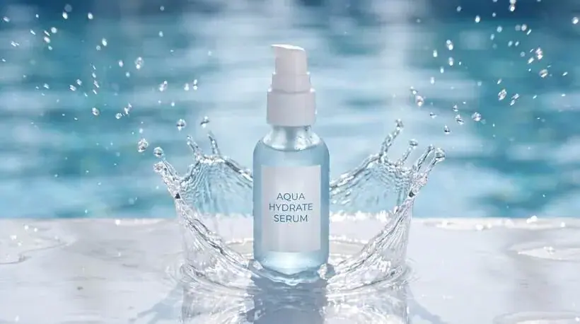 Skincare product image for a beauty brand: serum bottle in a water splash
