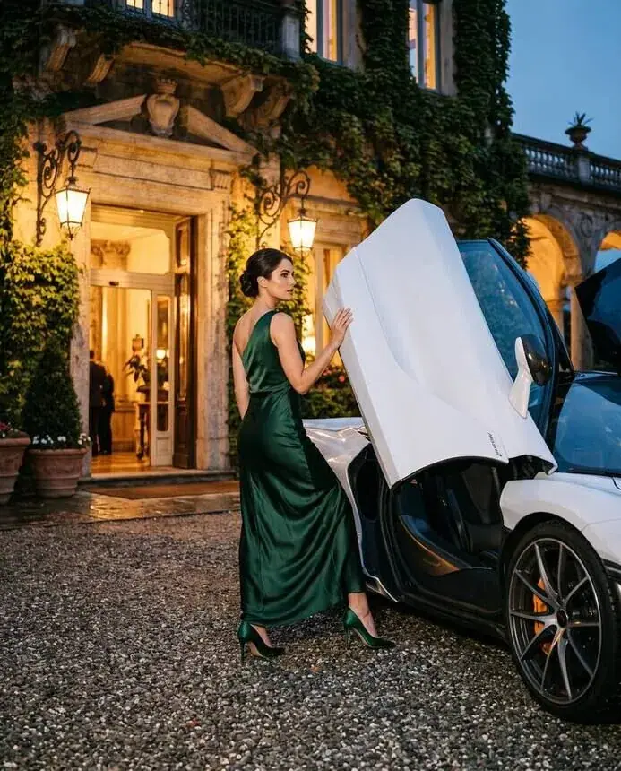 Lifestyle automotive imagery: woman in a green dress stepping out of a supercar at a villa