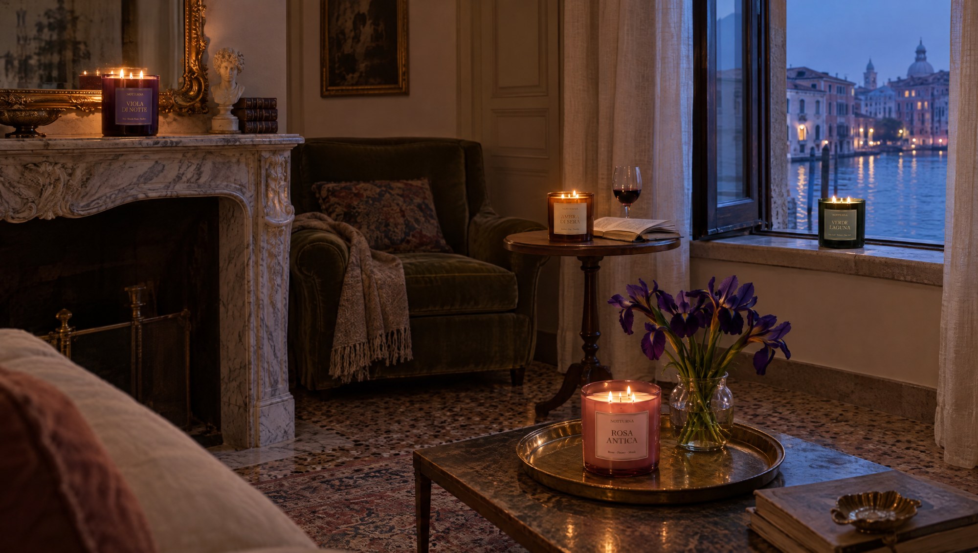 Four NOTTURNA candles in four colours, placed around a Venetian living room