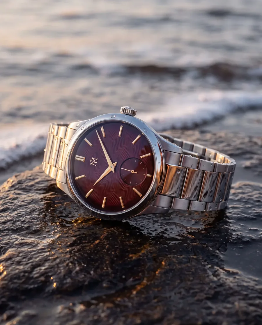 Steel watch with a burgundy dial on a wet rock by the sea