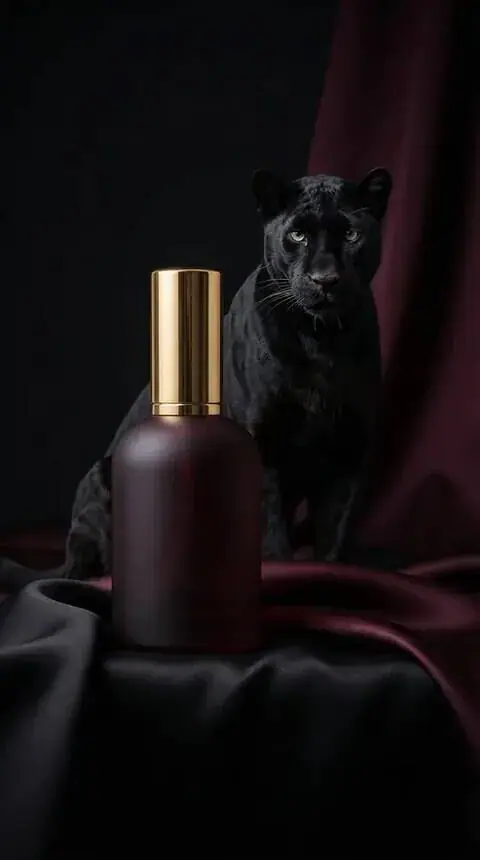 Launch imagery for a new fragrance: dark bottle on burgundy satin with a panther
