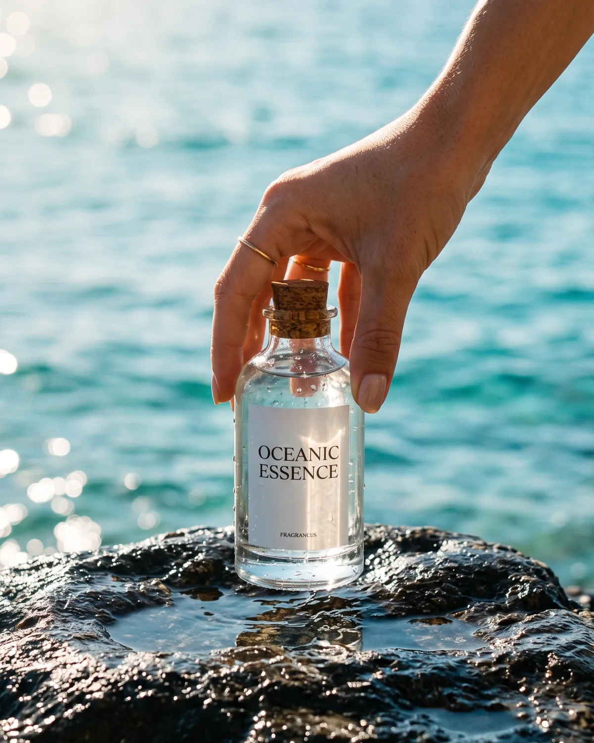 Product launch campaign frame: hand holding a glass bottle by the sea on wet rock