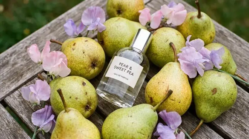 Fragrance bottle among pears and sweet peas, fragrance client