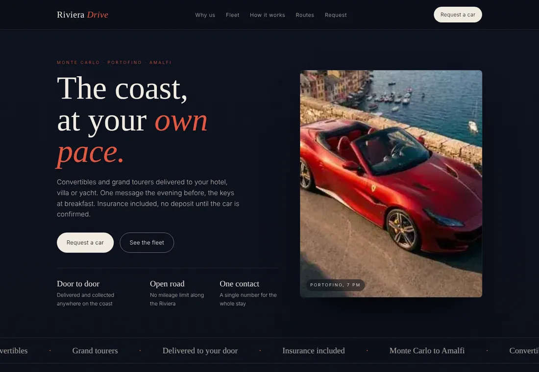 Riviera Drive, website for a luxury car rental, first screen