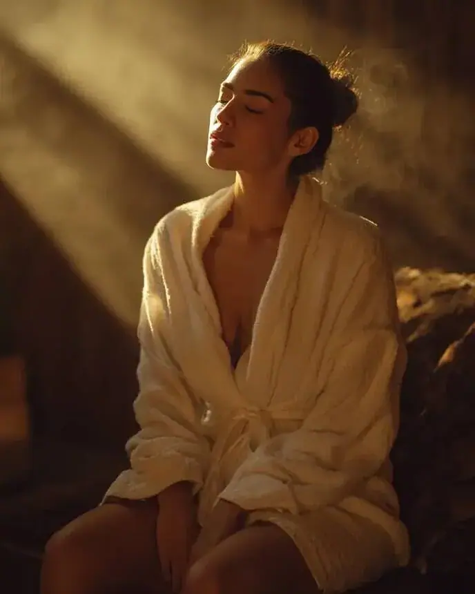 Spa campaign frame: woman in a white robe in golden light