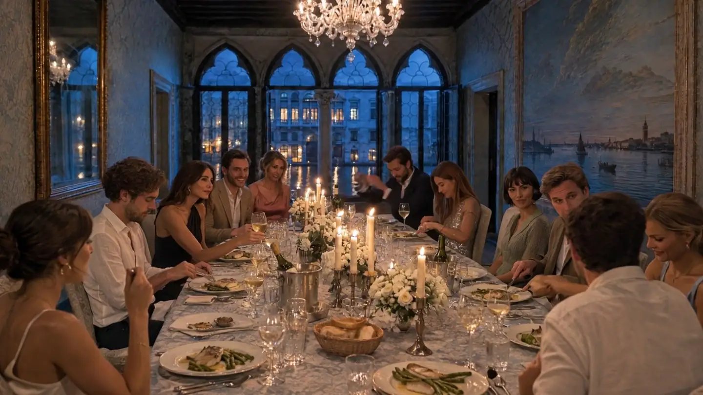 After: the same hall in the evening, a long table, candles, guests at dinner
