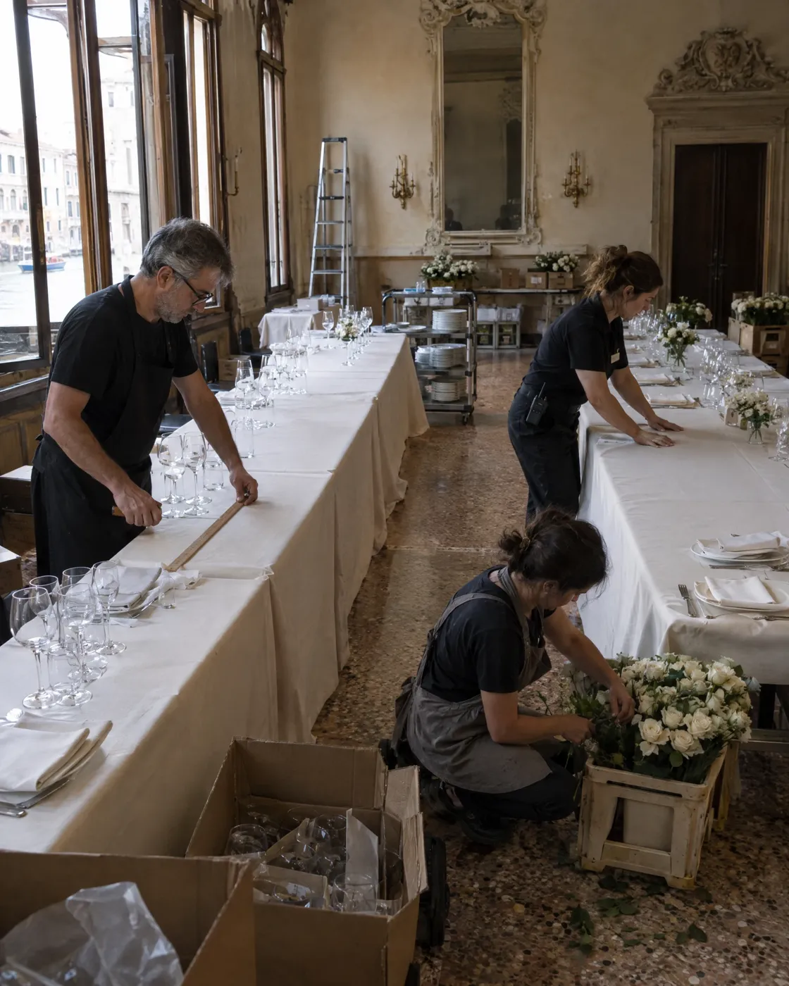 The team laying the tables in a palazzo hall