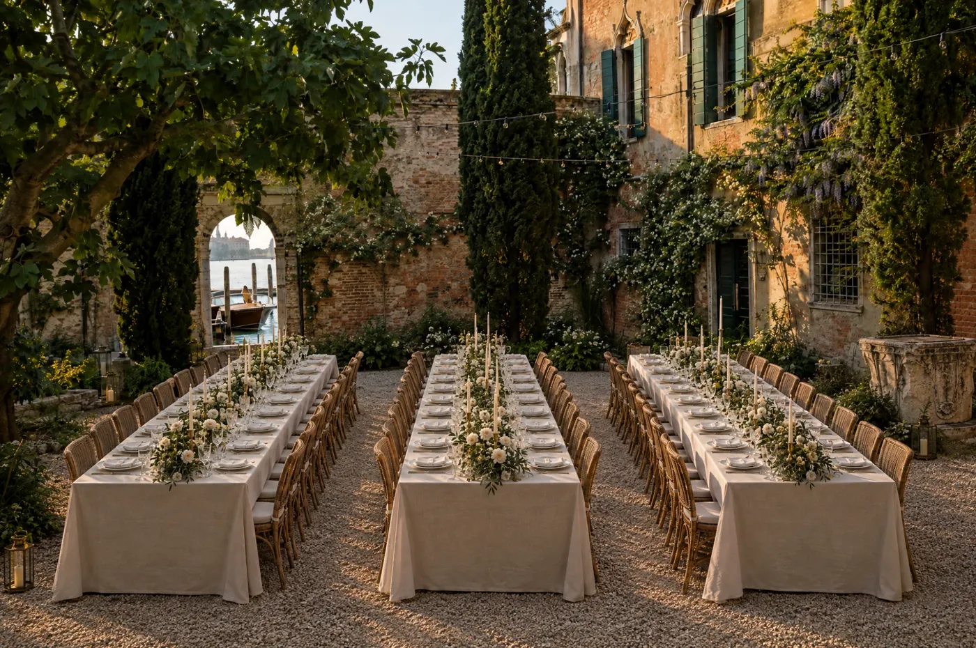 Palazzo garden with three long tables laid in parallel