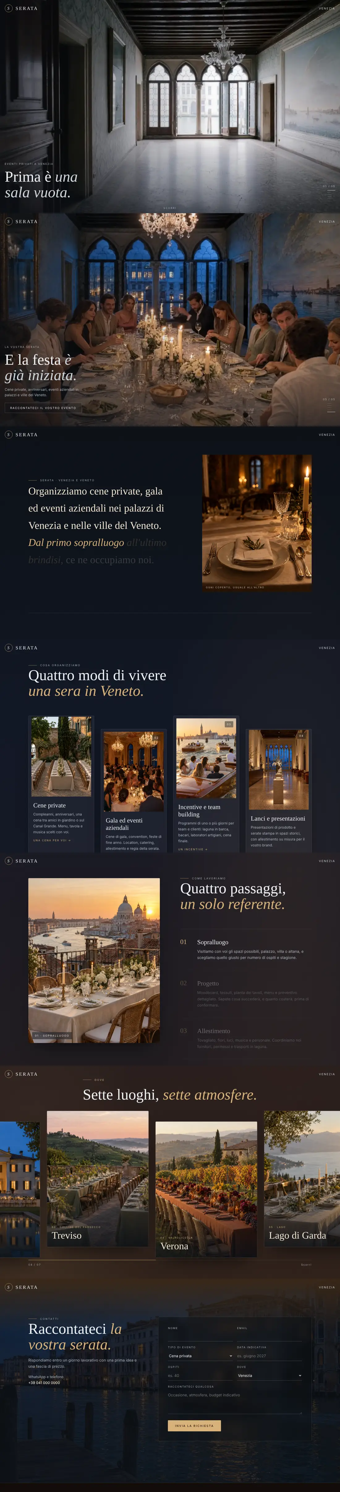 Serata website, scrolling: the film, services, method, places and the request form