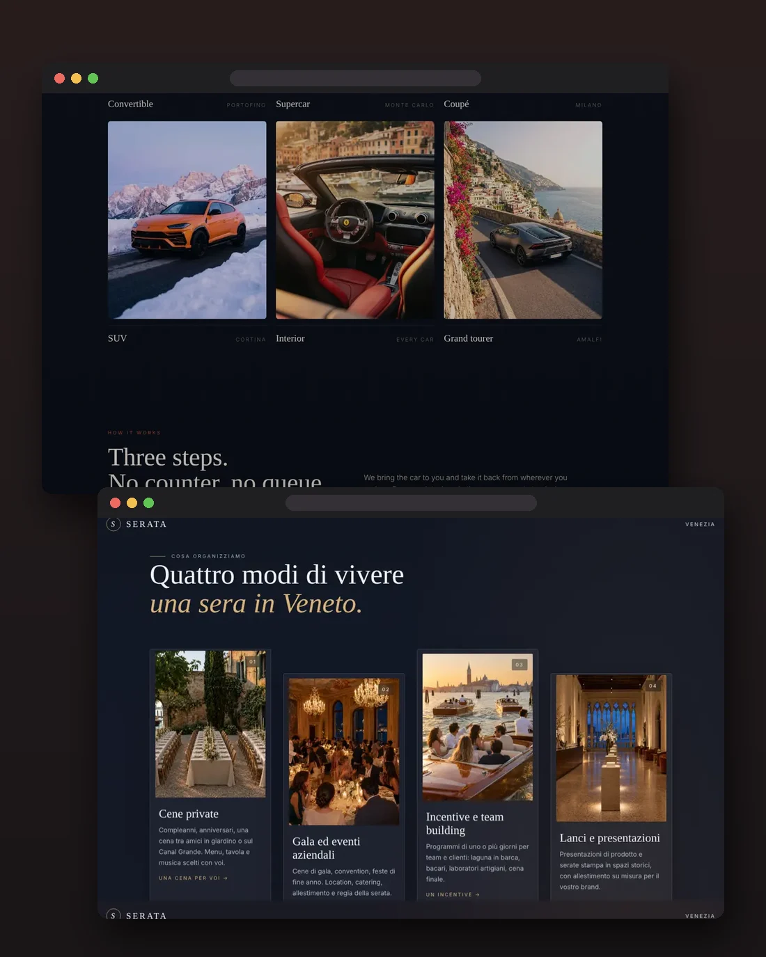 Two websites made by the studio: a car rental and an event agency in Venice