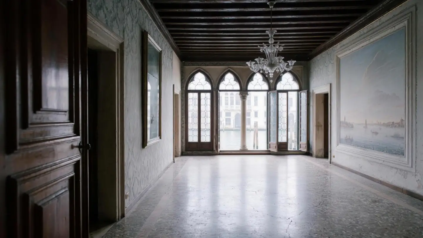 La sala vuota di un palazzo veneziano sul Canal Grande
