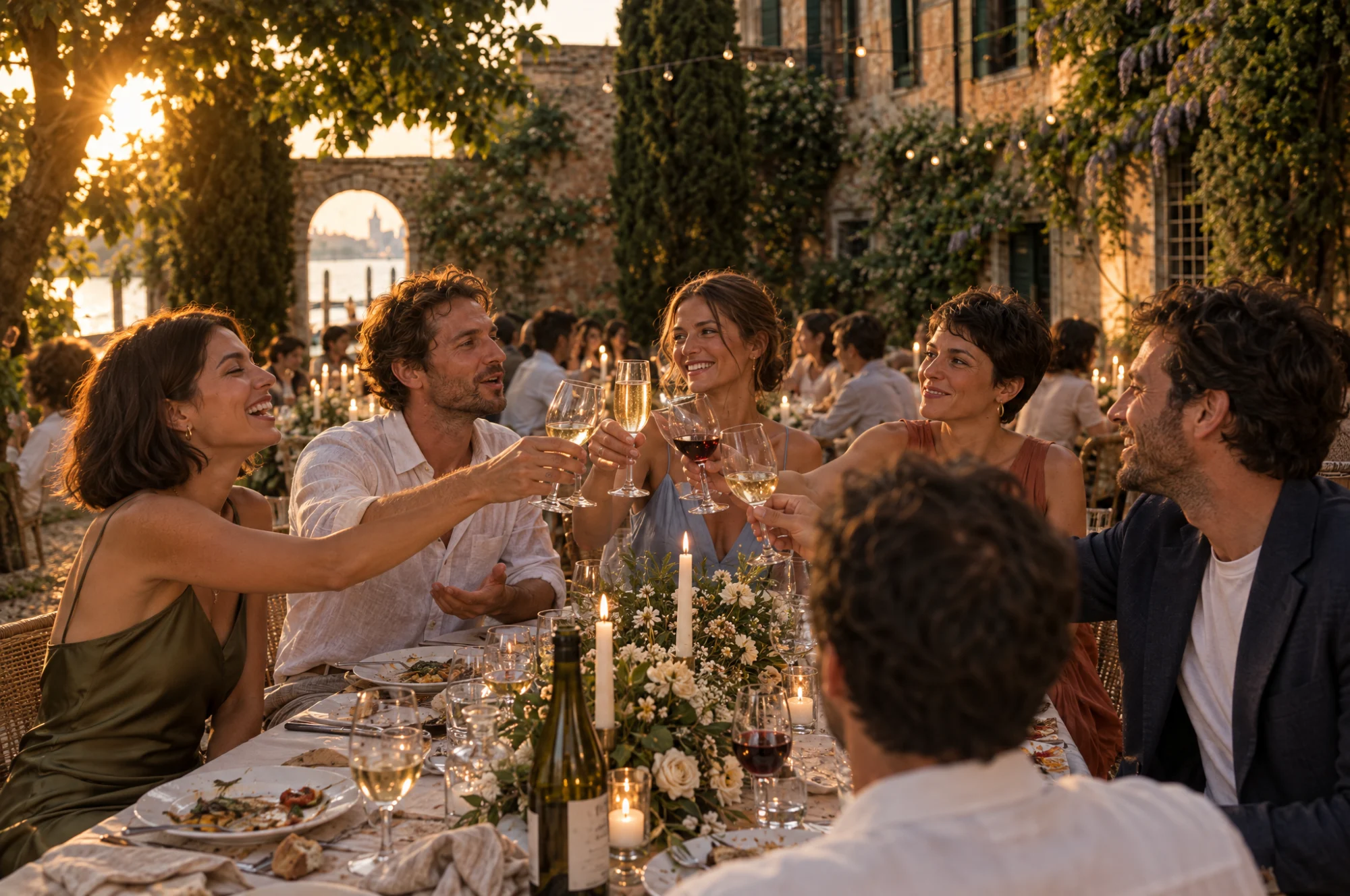 Ospiti che brindano a una cena in giardino al tramonto