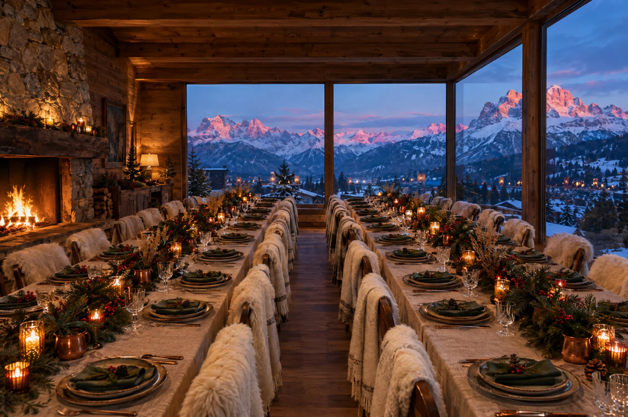 Sala di uno chalet con vista sulle Dolomiti innevate