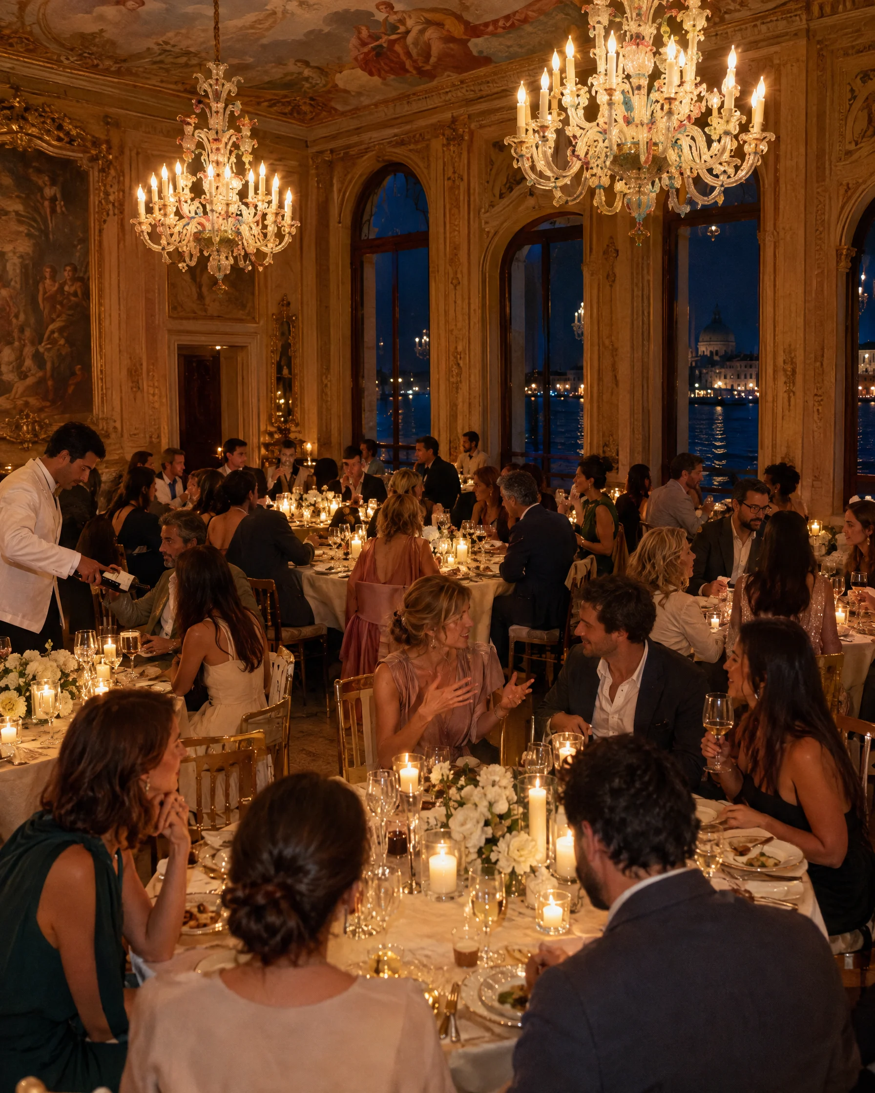 Cena di gala sotto i lampadari di un palazzo